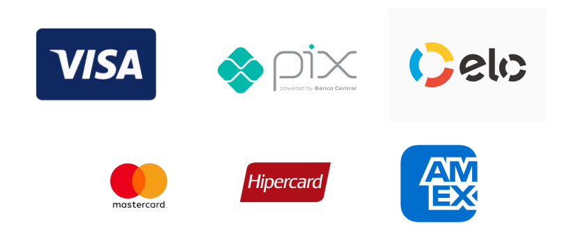 Formas de pagamento aceitas: Visa, Pix, Elo, Mastercard, Hipercard e Amex